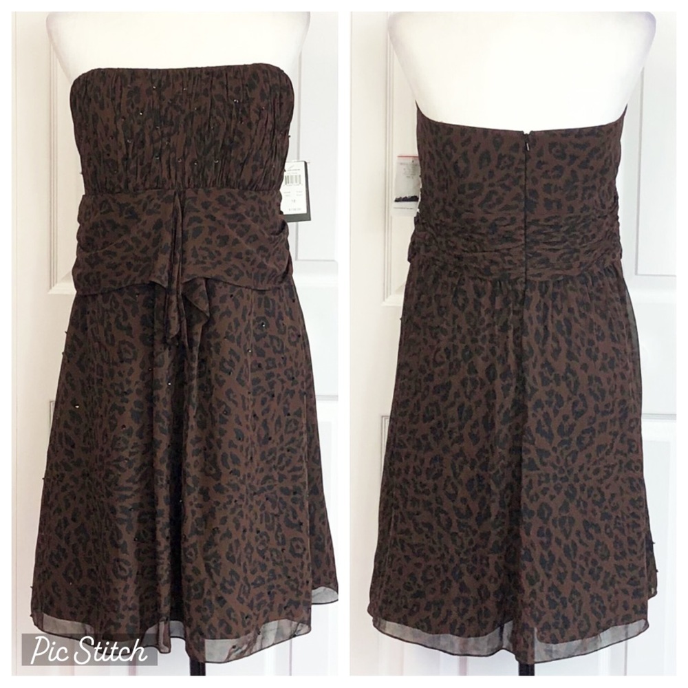 NWT Nicole Miller Platinum Brown Leopard Animal Print Strapless Dress 18